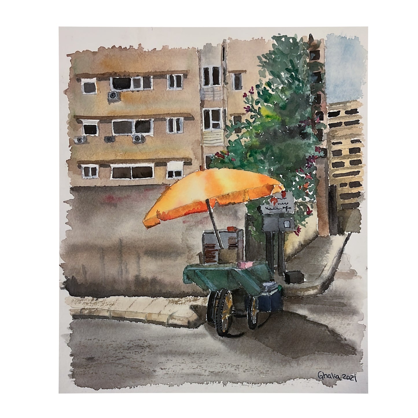 Hamra Kaak bike   Watercolor on paper  Ghalia Baggily  L 26 W 22